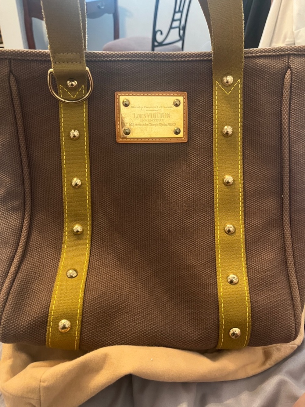 Louis Vuitton Brown Canvas Tote with Olive Straps and Gold Hardware
